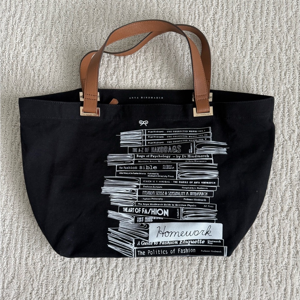 Anya Hindmarch Stacked Book Canvas print tote leather handles - Picture 8 of 9